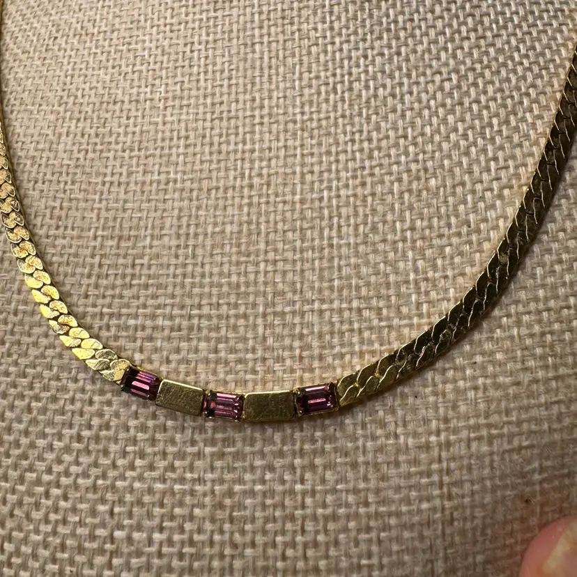 Vintage Avon Gold-Tone Round Collar Herringbone Necklace – Purple Baguette Rhinestones – 1980s
