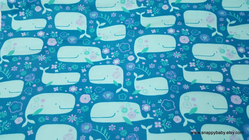 Pretty Whales Flannel Fabric Remnant - 100% Cotton - Choose Size - Soft Craft & Quilting Fabric