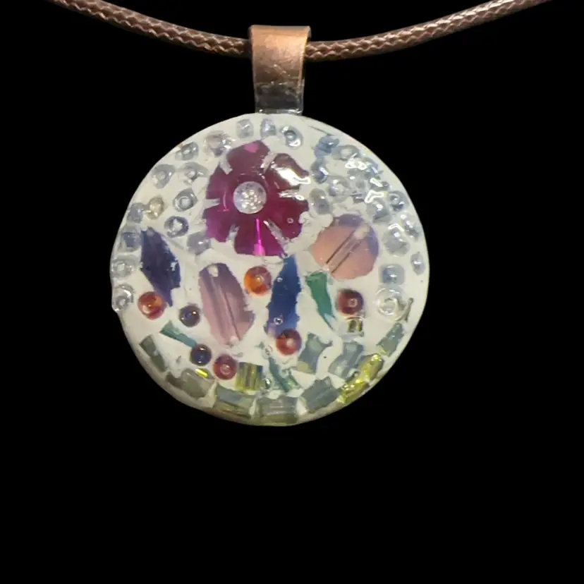 “Garden” Original Micro Mosaic Art Pendant Necklace 1”