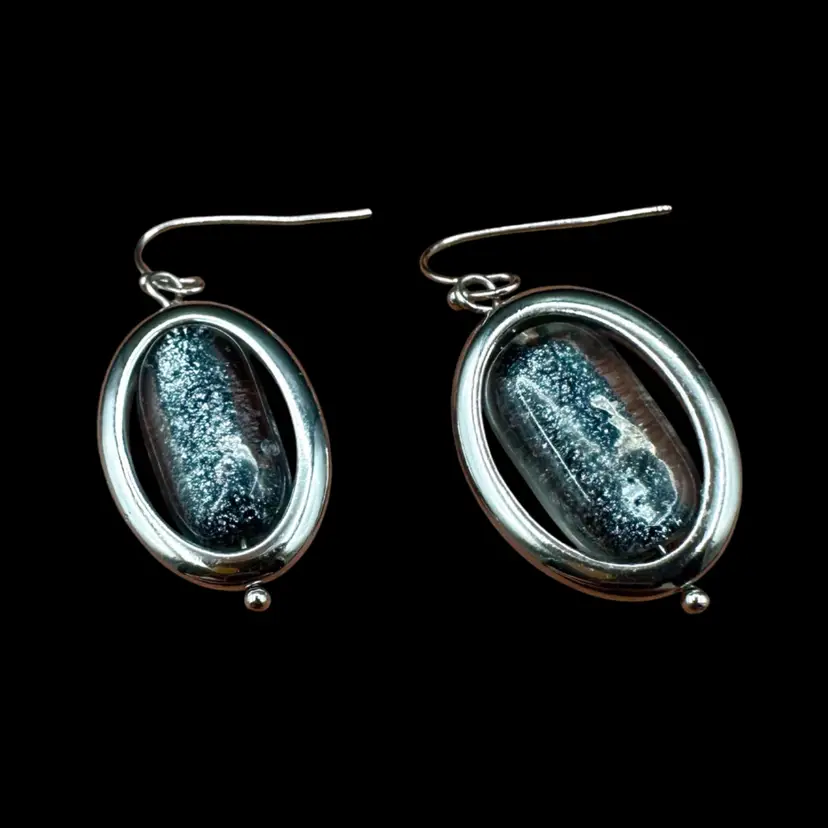 Vintage Lia Sophia Smokey Black Glass Pierced Silver Tone Earrings 1”