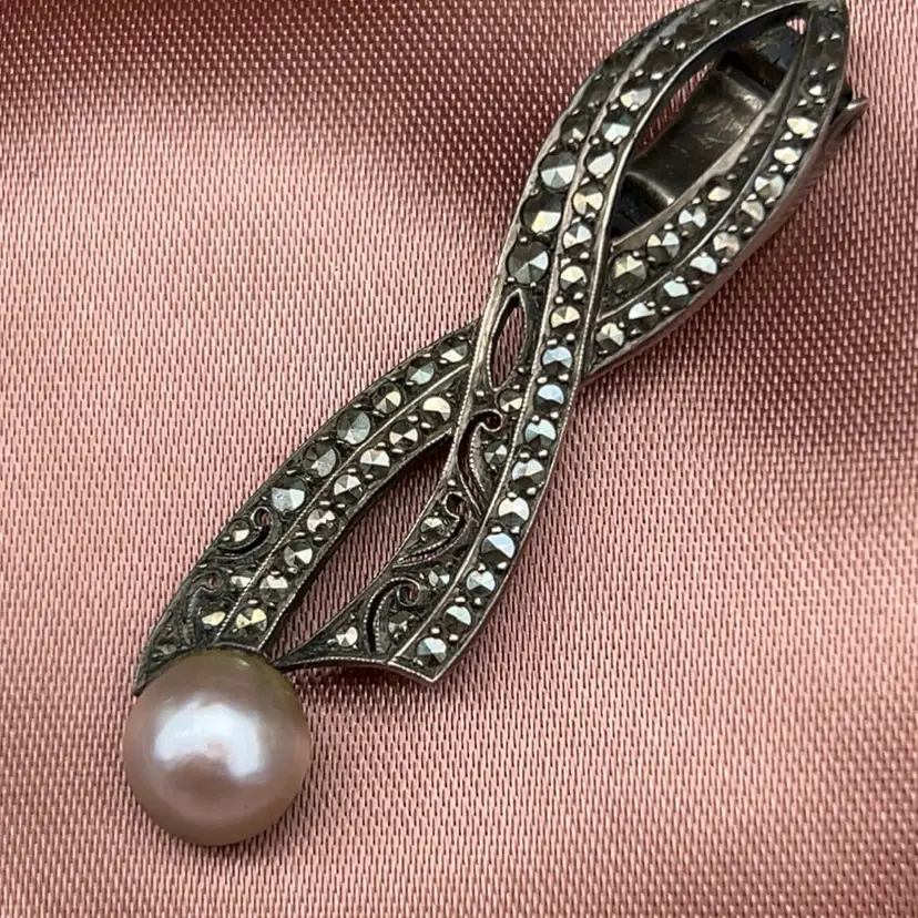 #01 Vintage Art Deco Sterling Silver Marcasite Cultured Pearl Pendant Enhancer Clip
