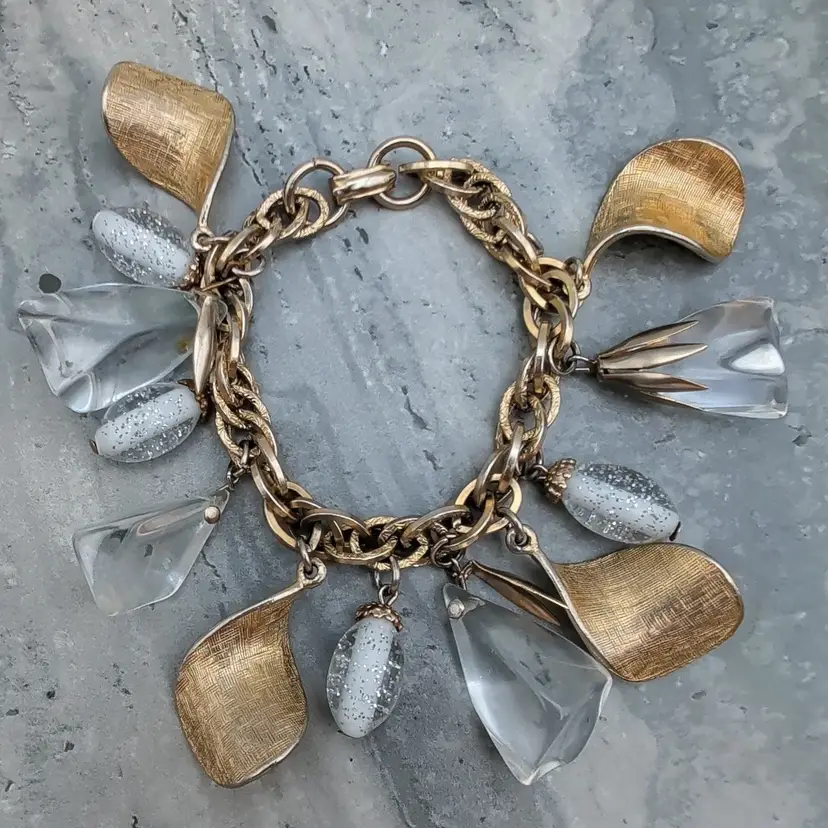 Vtg Coro Charm Bracelet Lucite Dangles Textured Gold Tone 1950/60s AS IS