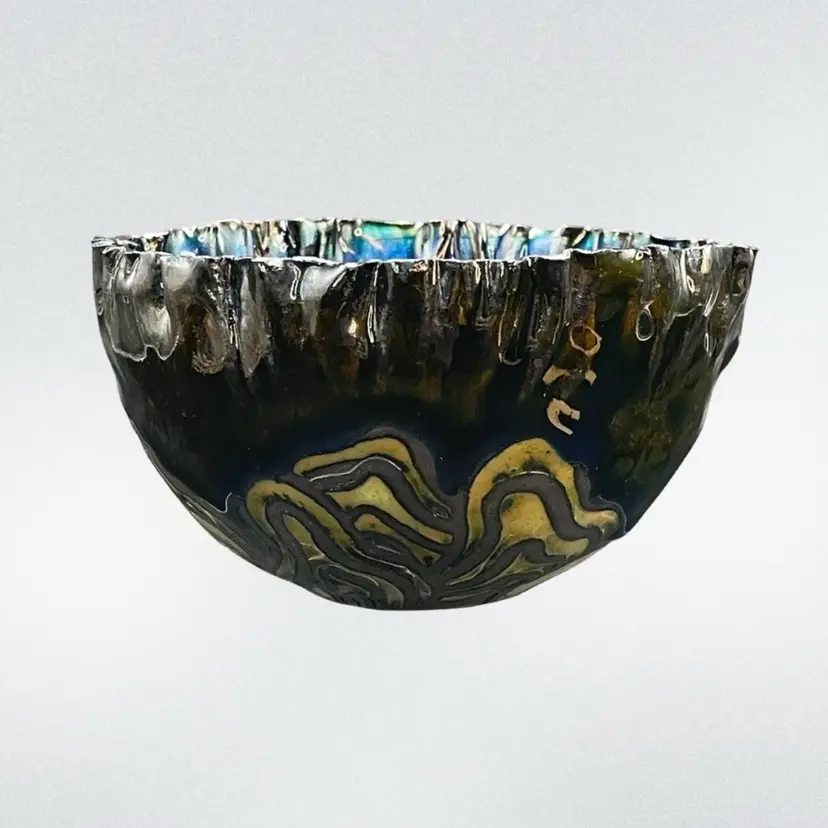 Raku Pottery Blue Green Iridescent Glazed Bowl Vase Handmade Ruffled Edge