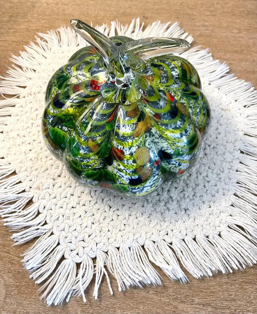 Murano Style Hand Blown Art Glass Pumpkin Multicolor Speckled Aventurine 5"