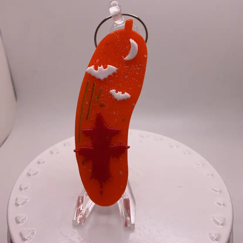 Made by Me! Fused Glass Scary Red Scarecrow“In a Pickle" Ornament 3.25” Handcrafted Studio Art