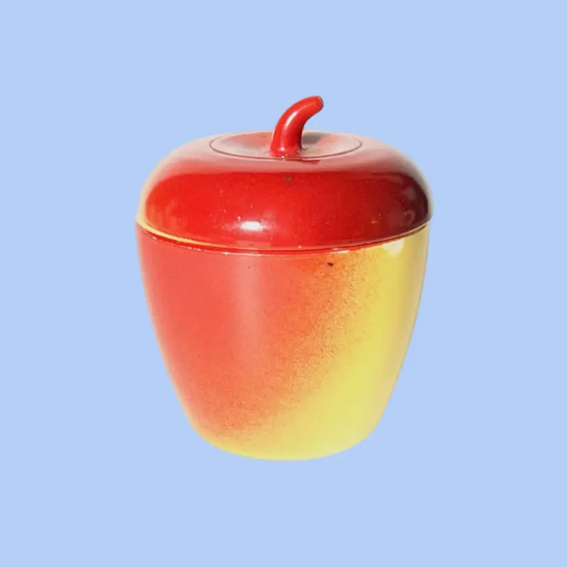 #328- Vintage 1950s Hazel Atlas Milk Glass Apple Jar Red 4" Sugar Jam Trinket Dish Teacher