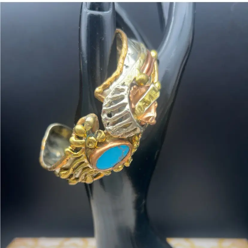 Artisan Brutalist Mixed Metal Cuff Bracelet Brass Copper Silver Turquoise-Colored Stone 2½” Opening