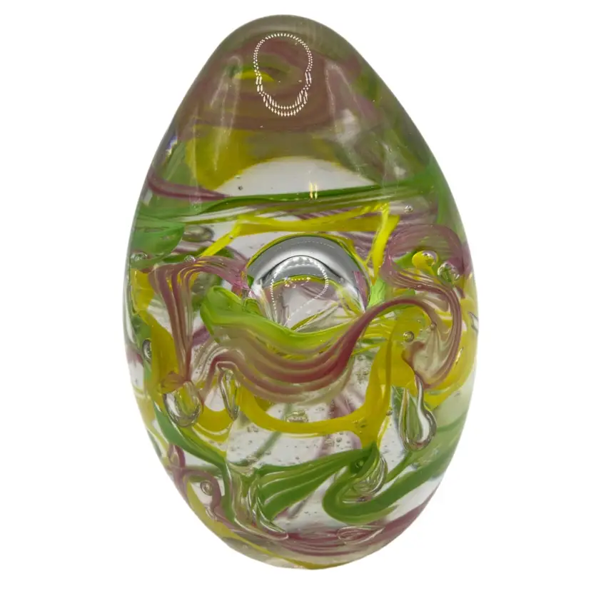 Mesmerizing Paperweight With Pink, Yellow And Green Swirls And Controlled Bubbles! 4” Tall! READ! 2 Tiny Scuffs As Seen In Last 2 Close Up Pics!
