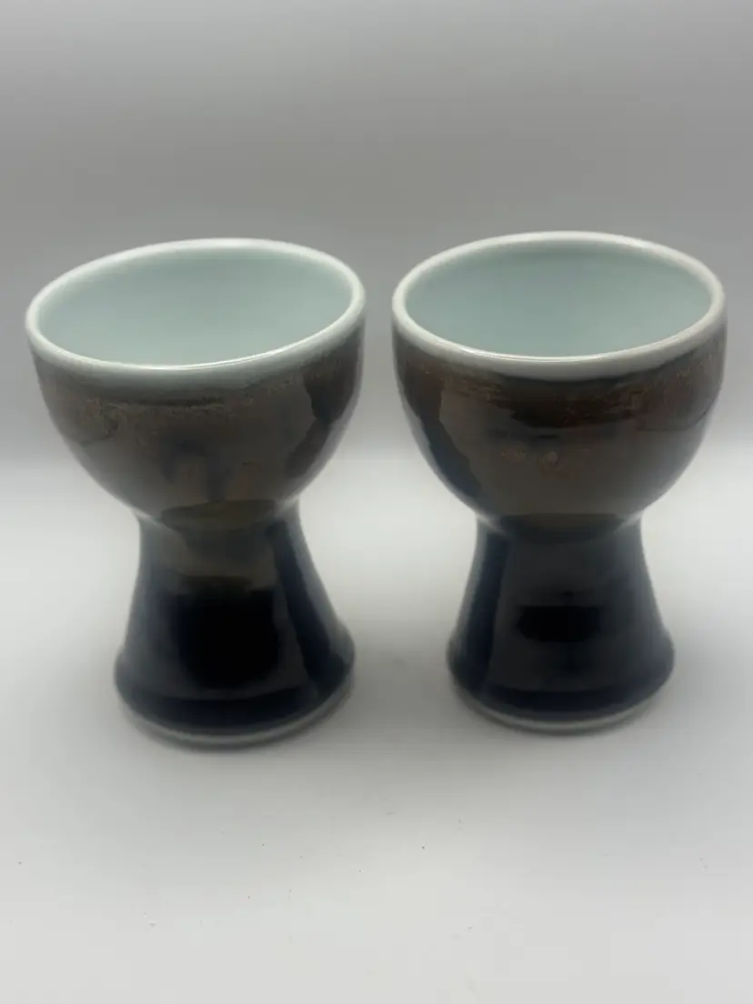 Pair Of Vintage Studio Art Pottery Goblets, Glossy Brown To Black Glaze; 5” Marked 1984