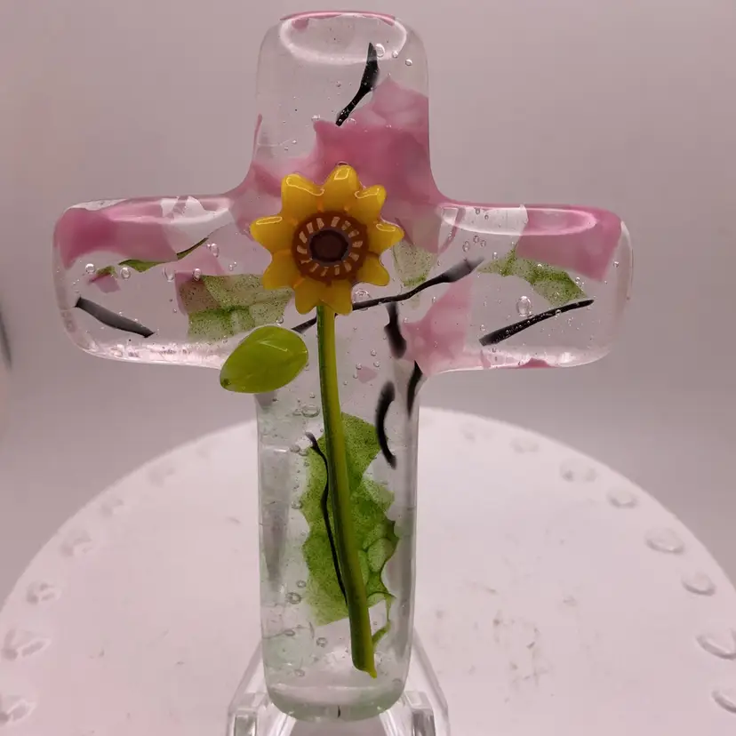 #01 Made by Me! Fused Glass Cross Paperweight Sunflower 3” x 2.25” Handcrafted Studio Art