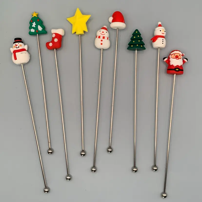 9pc Stainless Steel Cocktail Swizzle Sticks With Christmas Silicone Toppers. 
For Cocktails, Cocoa, Coffee Etc