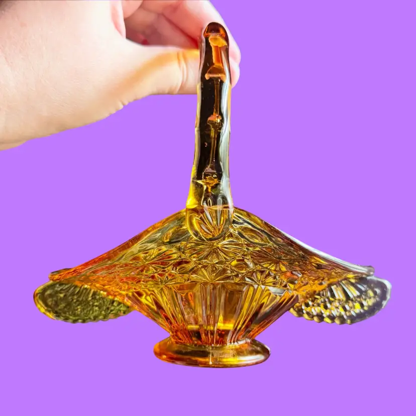 Vintage Amber Glass Small Basket w/ Wing Detail, Daisy & Button Pattern