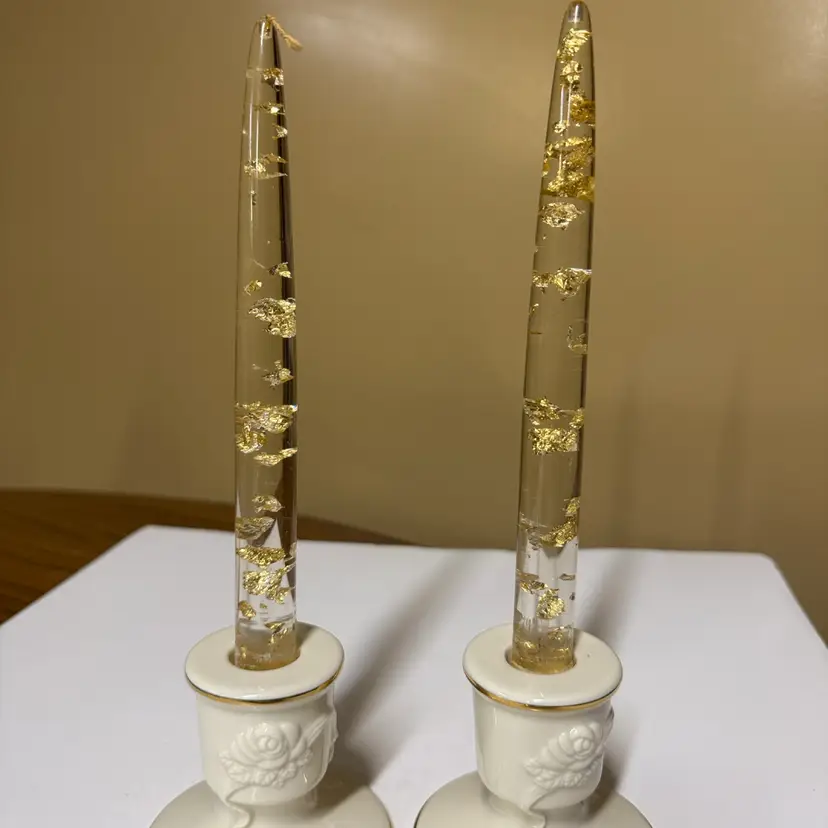 Lucite taper candles clear filled with gold flecks 8” tall