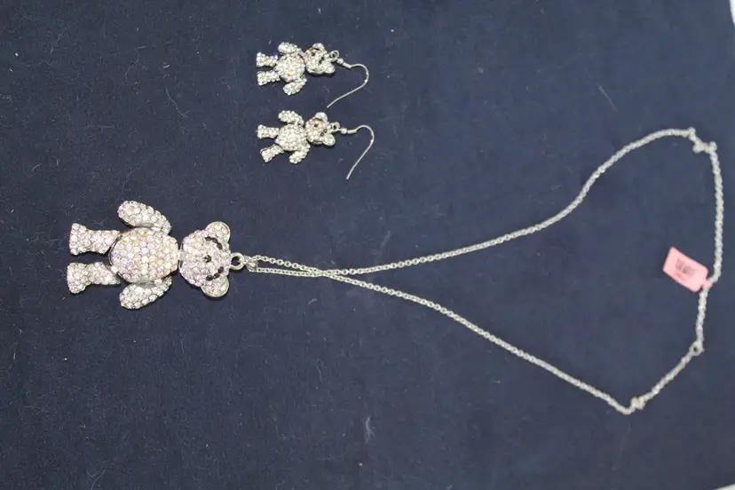 Adorable Silver Tone & Rhinestone Articulated Teddy Bear Necklace & Earrings