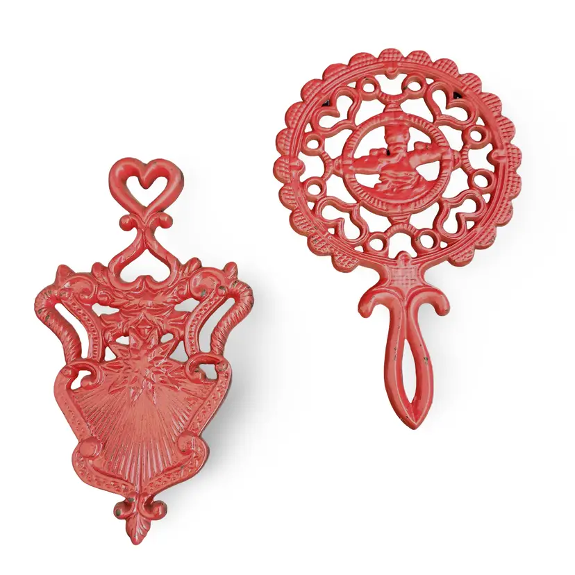 Large Cast Iron Red Enamel Trivets - Sunburst & Girl in Bonnet - Vintage Set of 2 Wilton Country Wall Decor