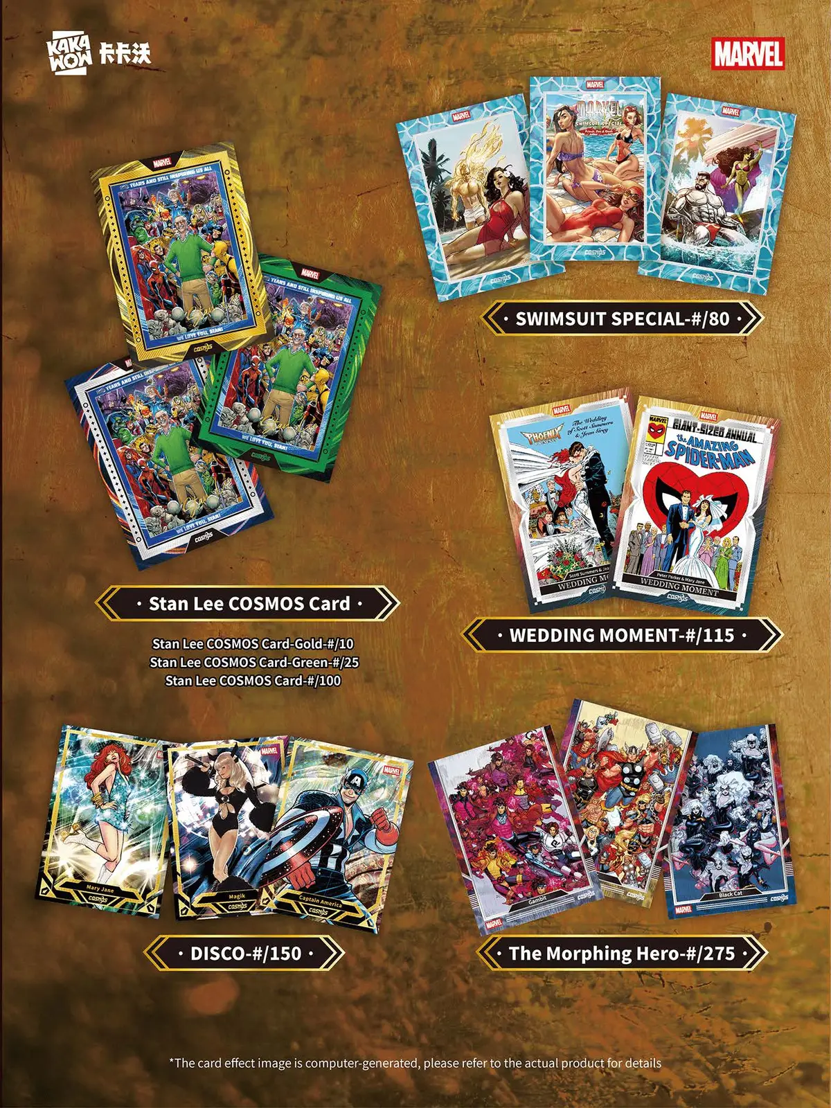 2025 Kakawow Cosmos Marvel insert set cards featuring Stan Lee COSMOS, Swimsuit Special, Wedding Moment and more themed subsets — collectible Marvel Classic Comic Series trading cards with original artwork and vintage comic art