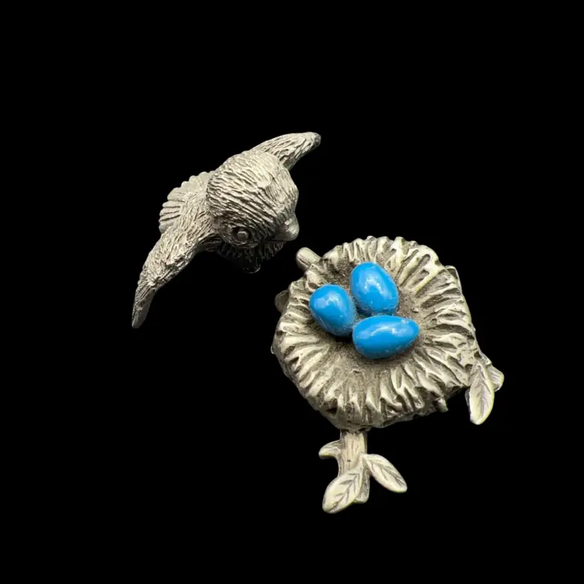 Miniature Pewter Robin And Nest With Blue Enameled Eggs
