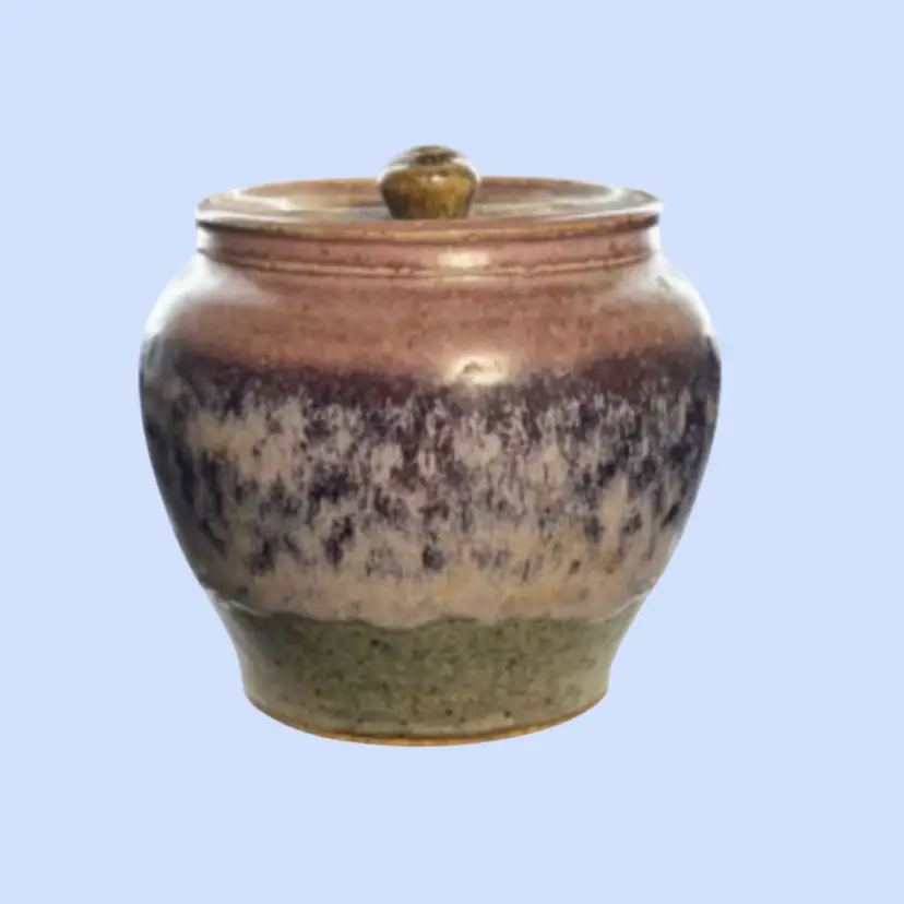 #096-Pottery Canister Lidded Jar Shades Of Purple Glaze With A Green Base Signed By Artisan Kat