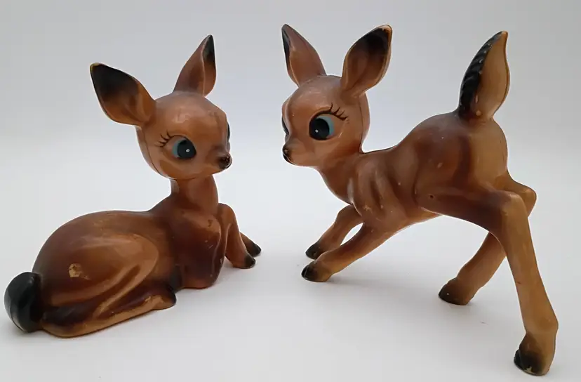 Pair Big Eye Plastic Deer ~ Anthropomorphic Blue Eyes ~ 4.75” & 4.5”