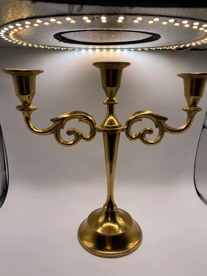 Brass 3-Arm Candelabra – Pristine Unused Condition Scroll Candle Holder