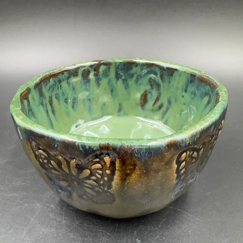 Art Studio Handmade Pinch Pot Vessel With Butterflies And Bird Green And Color Outside Is Brownish Green. Made By Me, Traci Brown Vintage Angel.