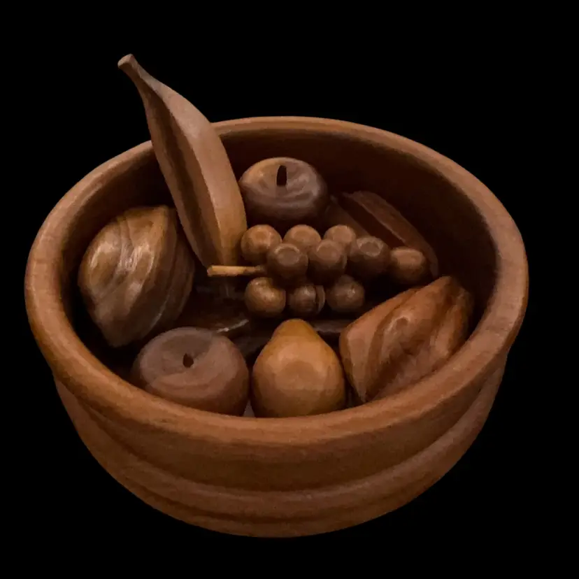 Vintage Dolphin Teakwood Bowl with Hand-Carved Wooden Fruit And Vegetables-11.5”