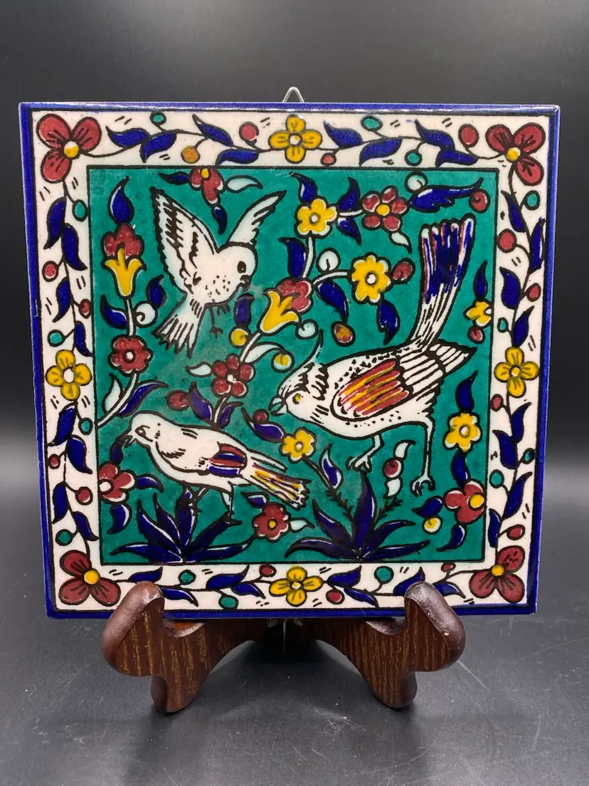 Vintage Jerusalem Armenian Pottery Ceramic Bird Tile Trivet Hand Painted 6x6