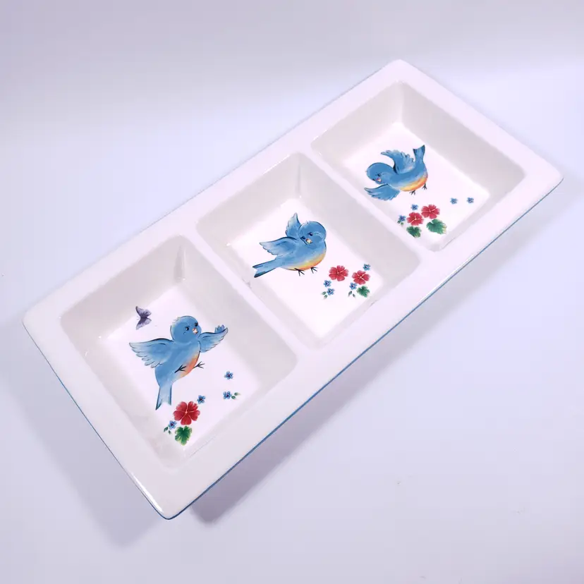 Vtg Bluebirds Butterfly Floral Whimsical Tri-Divided Stoneware SERVING TRAY DISH