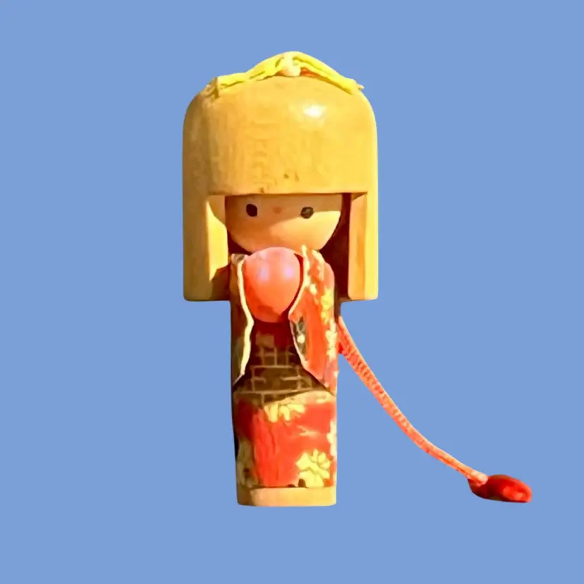 #118- Vintage Kokeshi Doll Mini Figurine Japanese Wood Bell Keychain Bag Cell Car Charm Ornament Kimono Japan Safe Journey