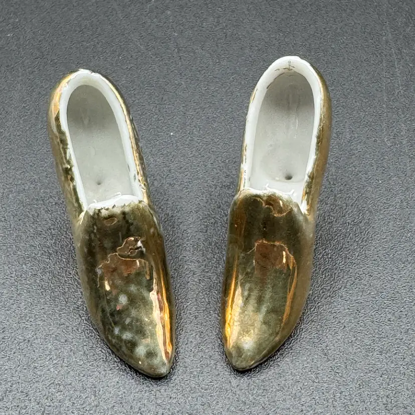 Small Gold Porcelain Miniature Shoes Figurines Pair Japan 1.75” Long