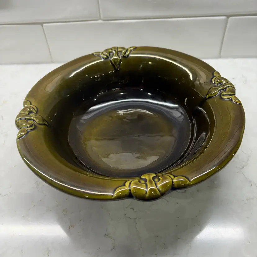 Vtg Haeger Bowl 10" Avocado Olive Green Scalloped MCM Console - Mint