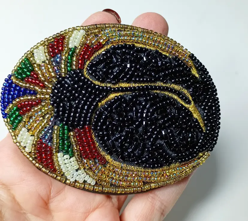 Charmant Belts of Beverly Hills Seed Bead Belt Buckle Vintage Statement Scarab?