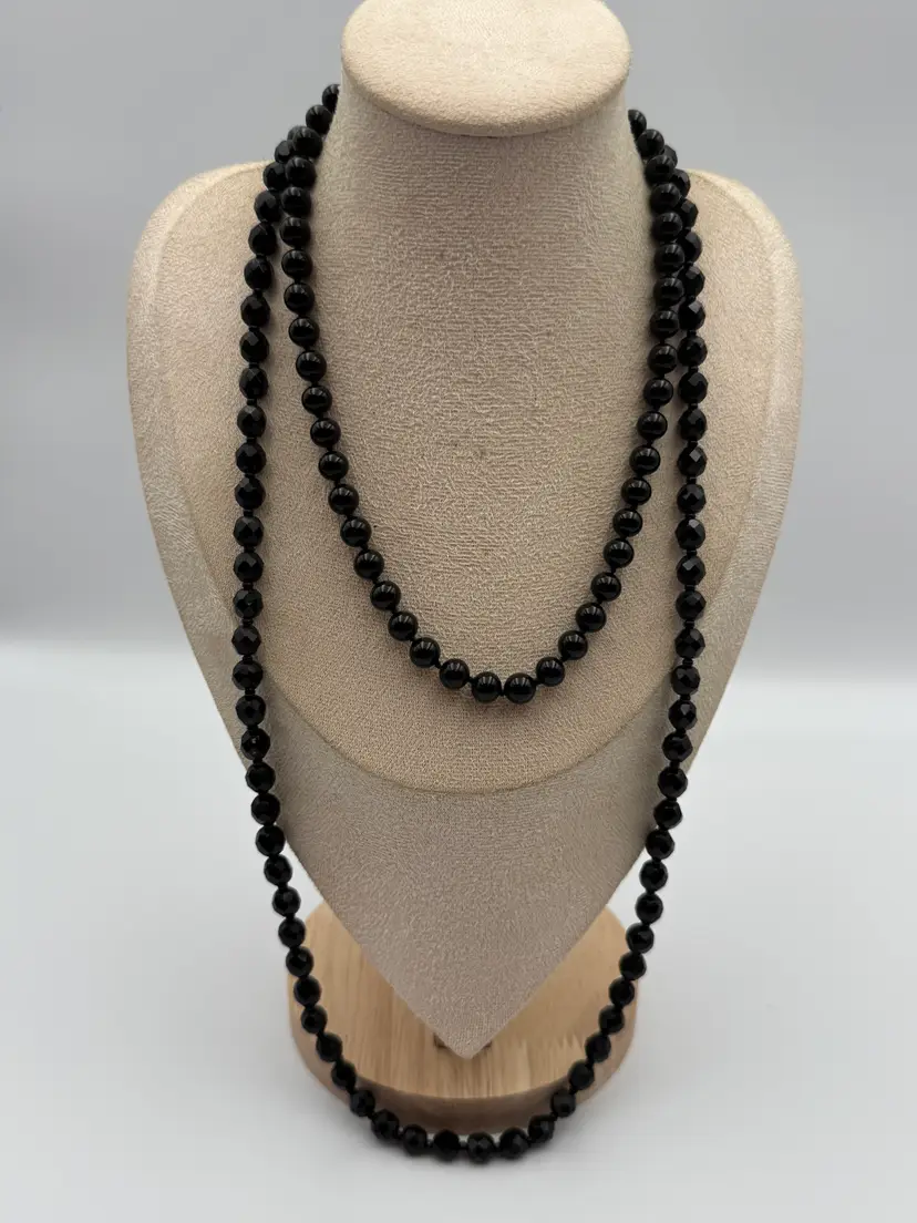 2 Vintage Black Glass Beaded Necklaces Monet Hand Knotted Facet Cut Opera Gold