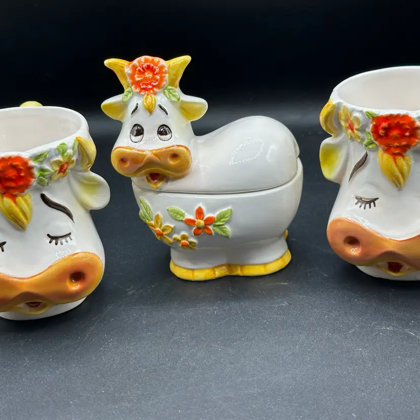 Vintage Lefton Bossie Cow Ceramic Sugar Bowl Without Spoon 1970s #6509 2 Bossie Cow Mugs