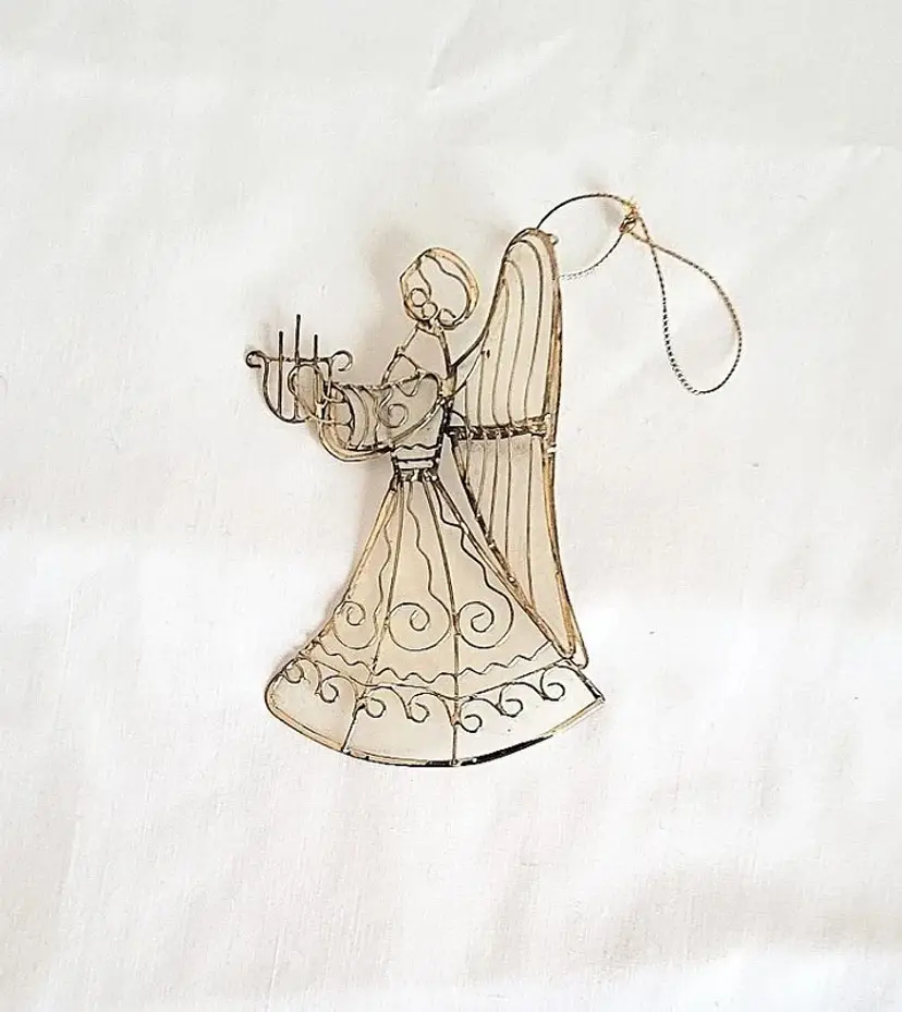 Vintage Gold Wire Plastic Angel Holding Harp Christmas Ornament