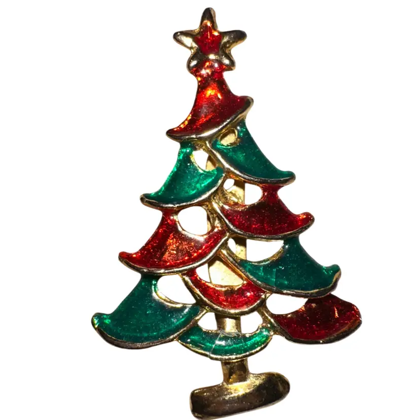 Gold Tone Enamel Christmas Tree Brooch Pin