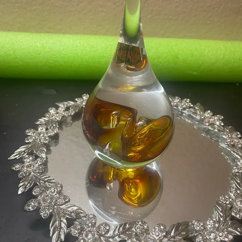 Signed Marian Pyrcak (MP) 6” teardrop-shaped Amber Swirls & Bullicante paperweight Made In Poland