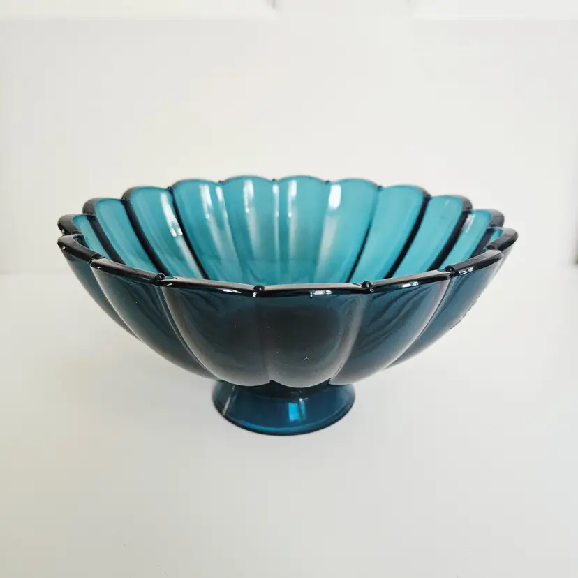 Peacock Blue Glass Pedestal Bowl Compote Scalloped Edge MCM Mid-Century