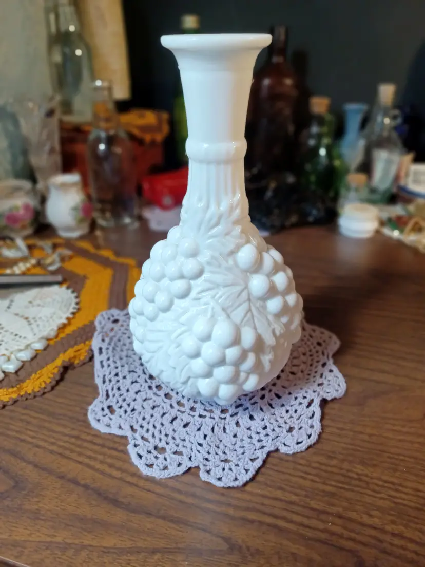 White milk glass decanter Grape design