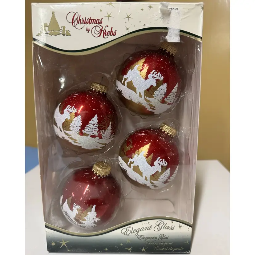 CHRISTMAS BY KREBS GLASS ORNAMENTS RED W/WHITE & GOLD DEER & TREES & GLITTER 4