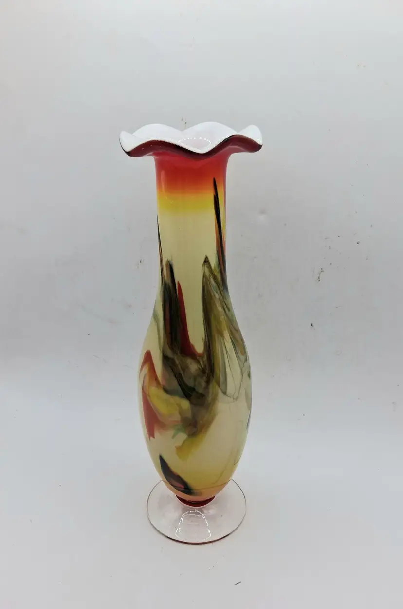 Vintage Dalian Glass Company Cased Vase Abstract Design Crimped Opening 9"