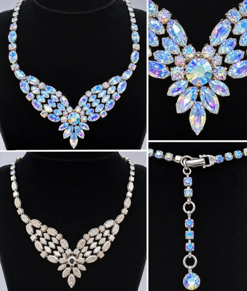 Vintage AB Rhinestone Necklace Aurora Borealis Navette Statement 16" Silver Tone