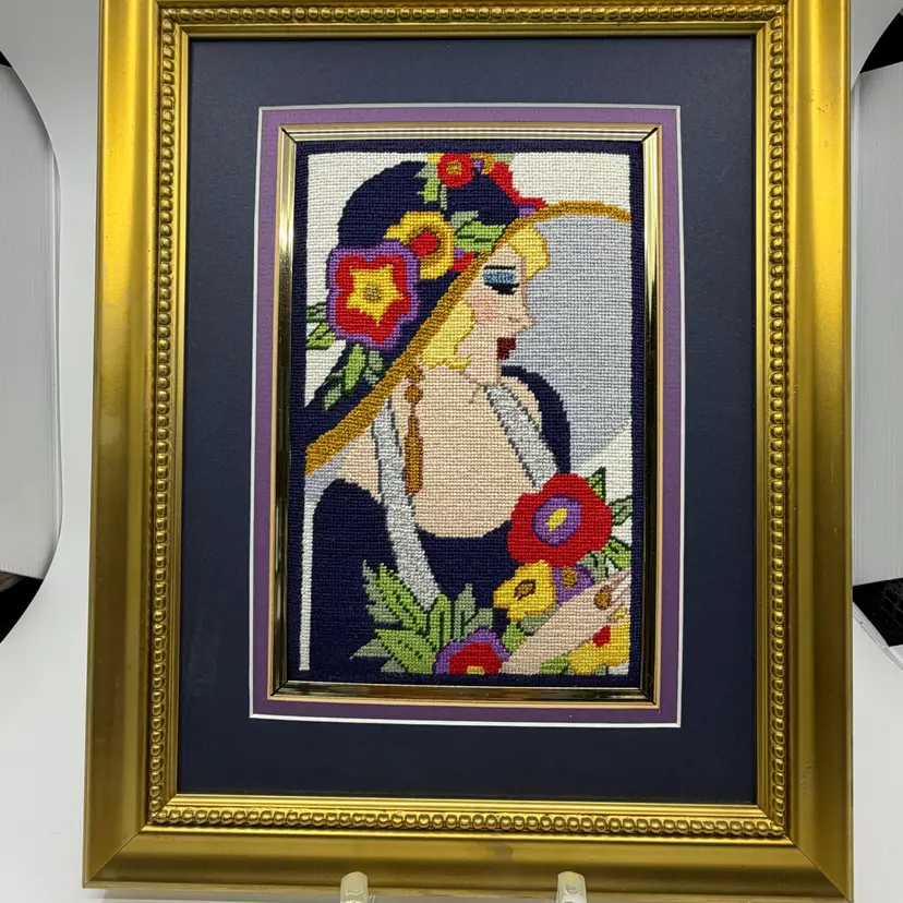Framed Needlepoint Art Deco 20s Flapper Vogue Lady In Lrg Floral Hat 15.5”