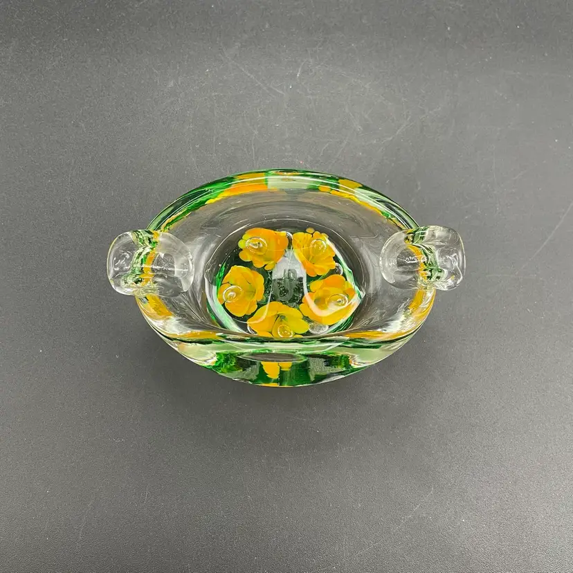 Art Glass Ashtray Trinket Dish Yellow Flowers Green Rim VTG Glows