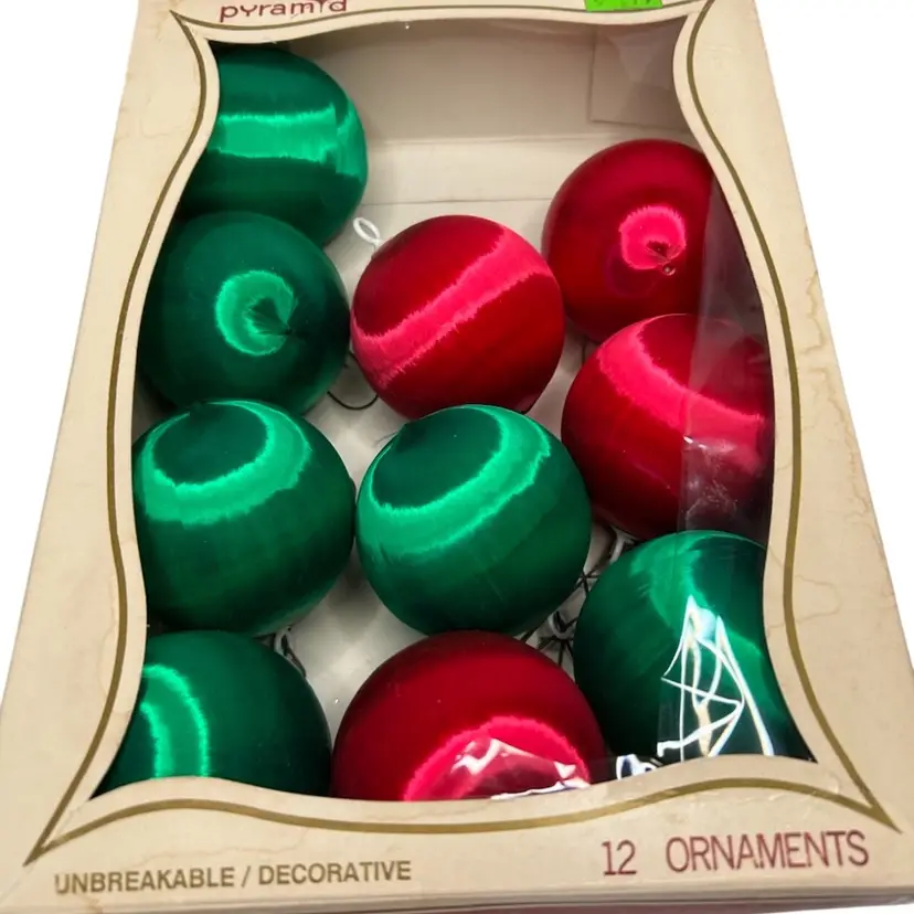 Open Package Of 10 Vintage Red And Green Satin Ornaments Pyramid 
9 1/2x 7x2 Box Size