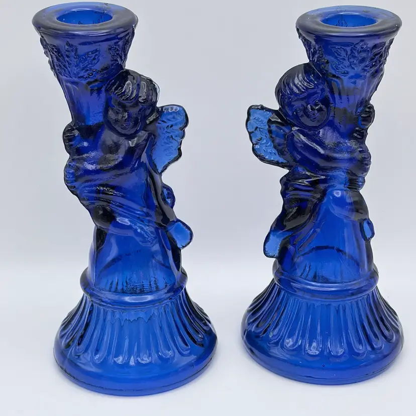 Vintage Pair Of Cobalt Blue Pressed Glass Cherub Angel 6” Candle Holders