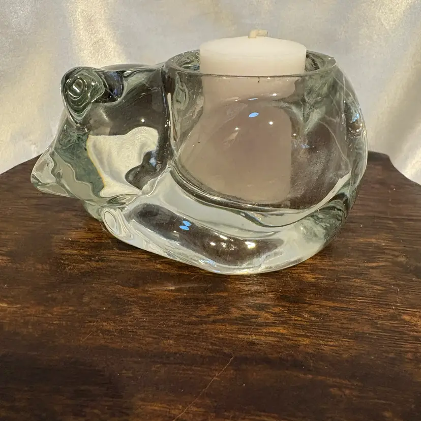 Indiana Glass Clear laying cat votive candle holder