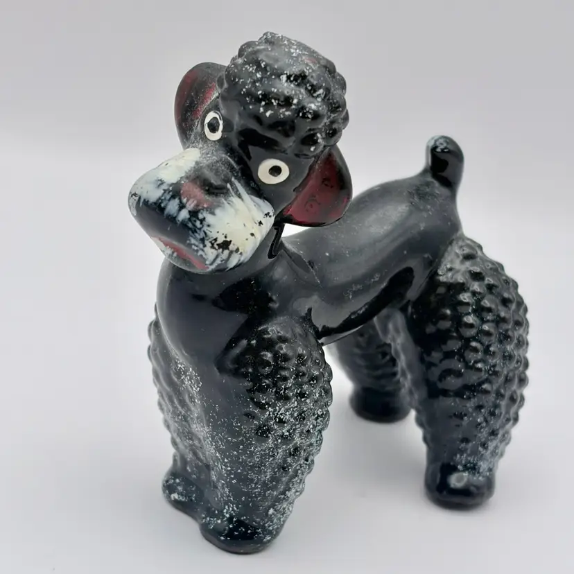 Vintage, MCM, Black Standard Poodle Figurine, Redware, Ceramic, Painted Accents