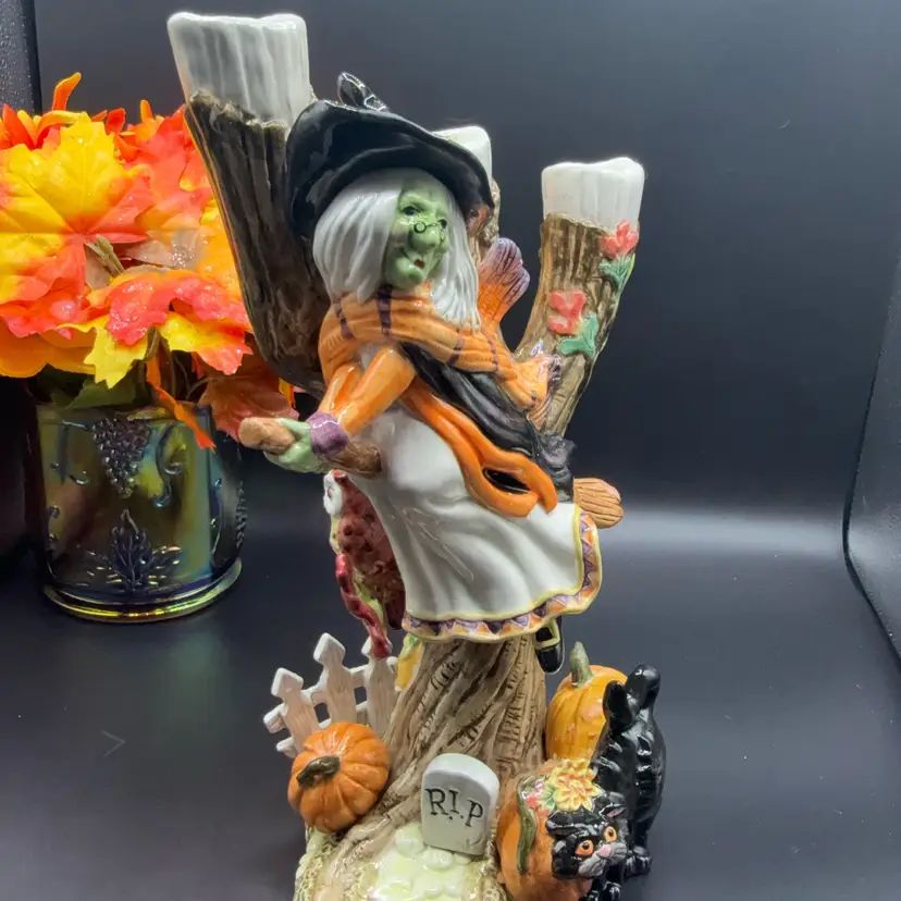🐞Vtg 1995 Fitz and Floyd "Halloween Harvest" triple candle holder! 12x9.5”