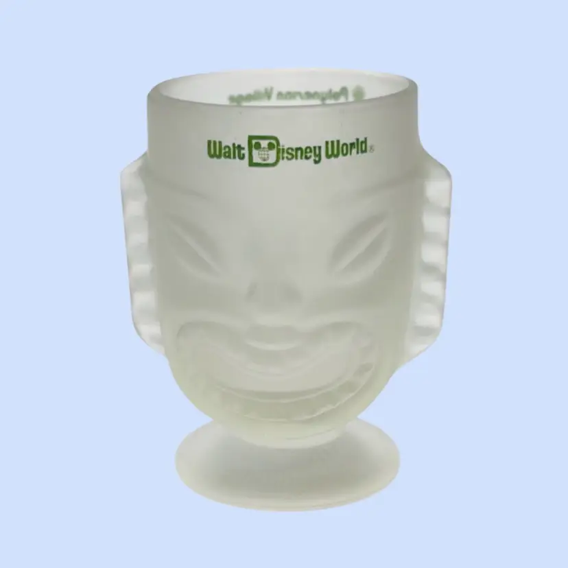 #302E- Vintage XL Tiki Glass Pedestal Glass Frosted Smiling/Frowning Face Cocktail Footed Mug Disney World Polynesian Village Resort 1970-80s 
(Multiple Available At Time Of Listing)
